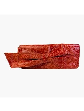 Nine West Reptile Embossed Orange Bow Clutch Purse Evening Bag | Satin Lined